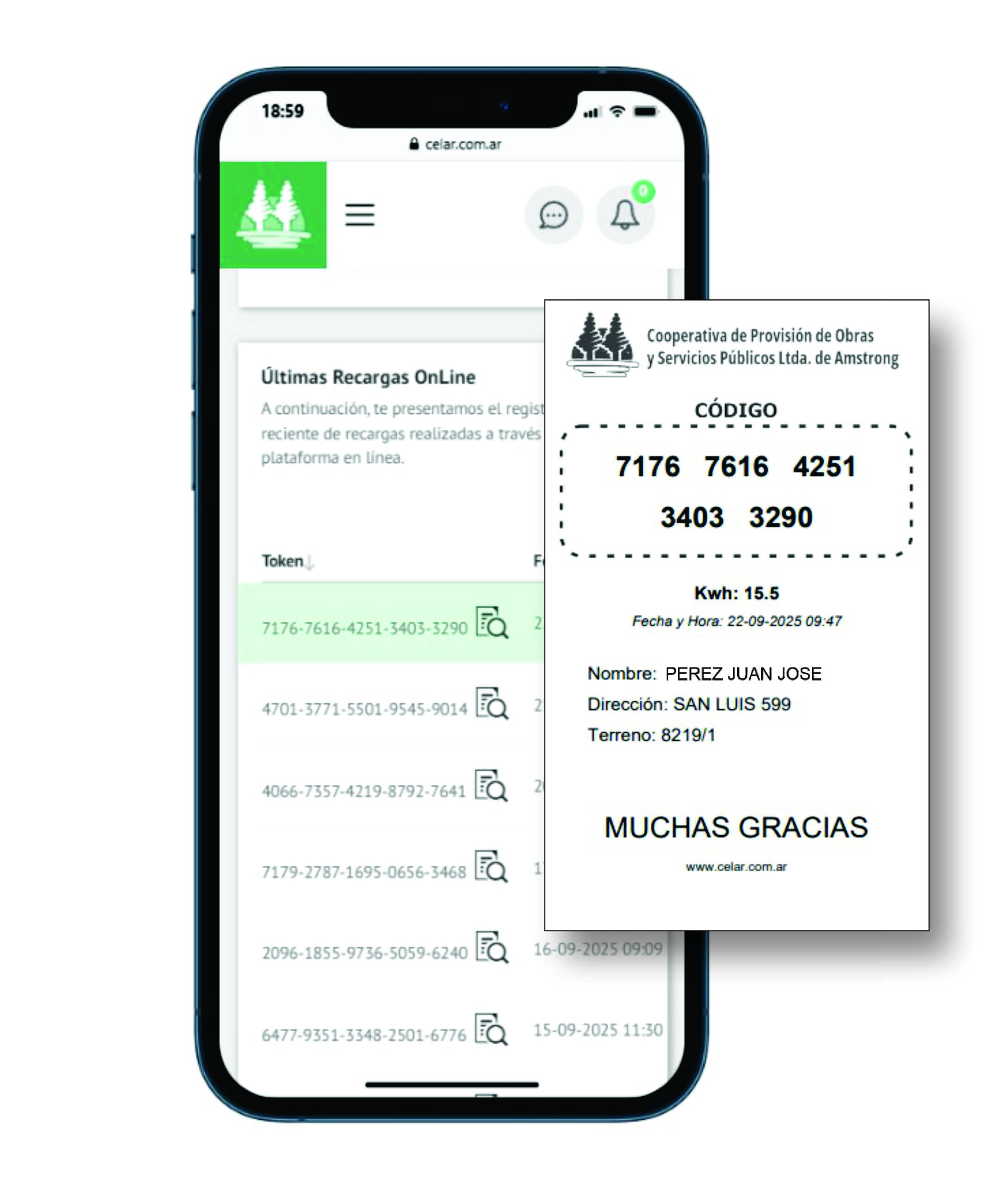 Comprobante y token de recarga